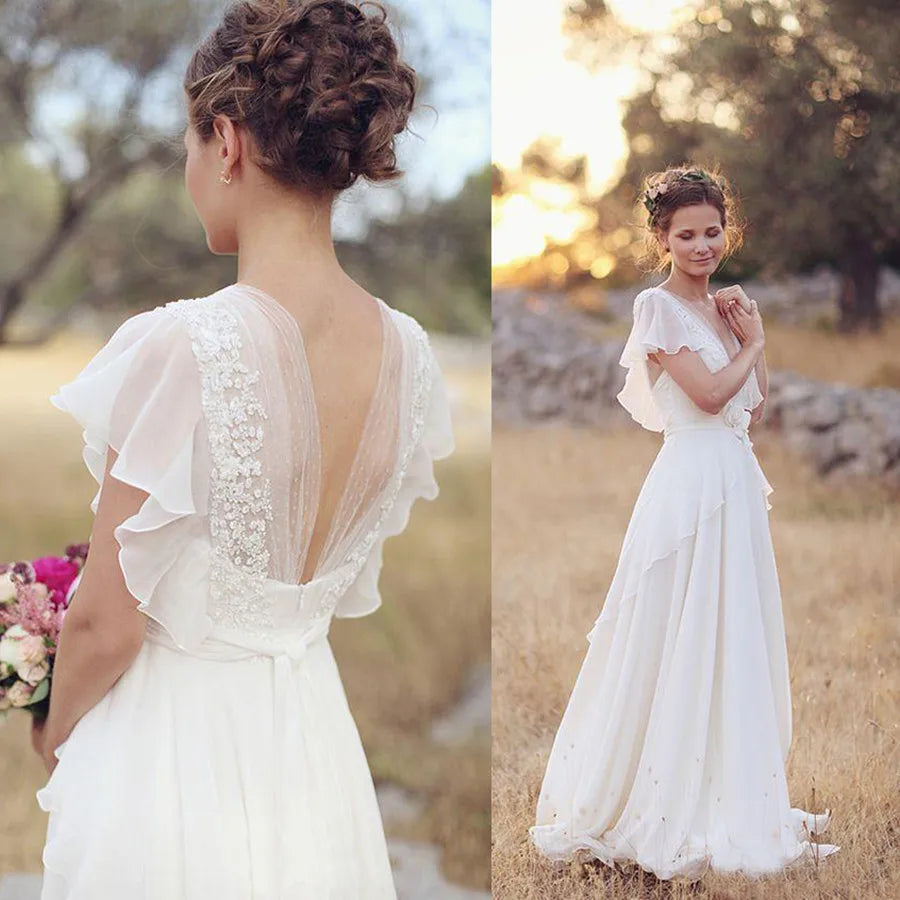 Boho Chiffon Backless Wedding Dress