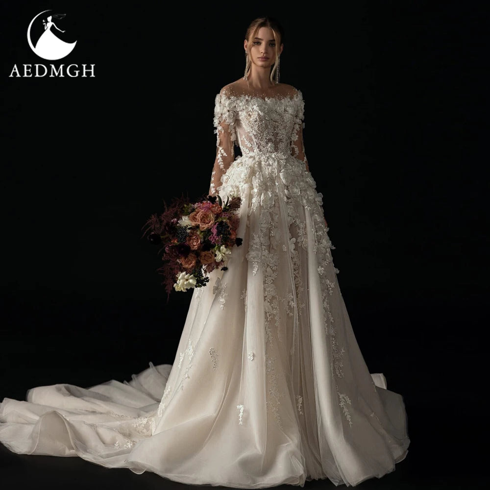 Boat Neck Lace A-Line Wedding Dress