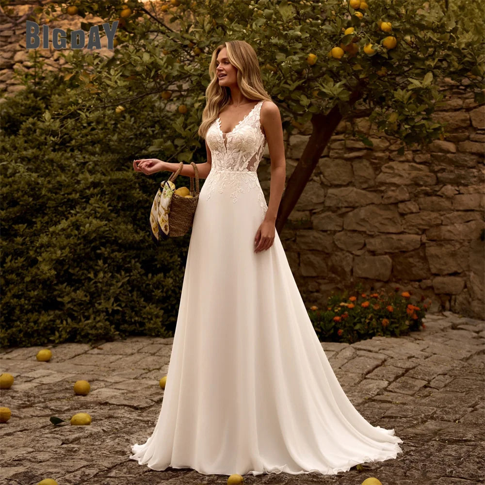 V-Neck Lace A-Line Wedding Dress