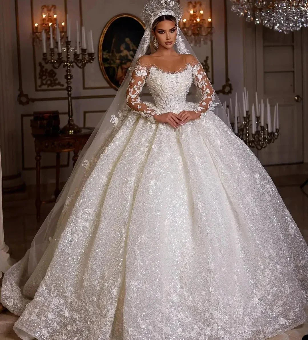 Luxury Sequin Long Sleeve Wedding Dress