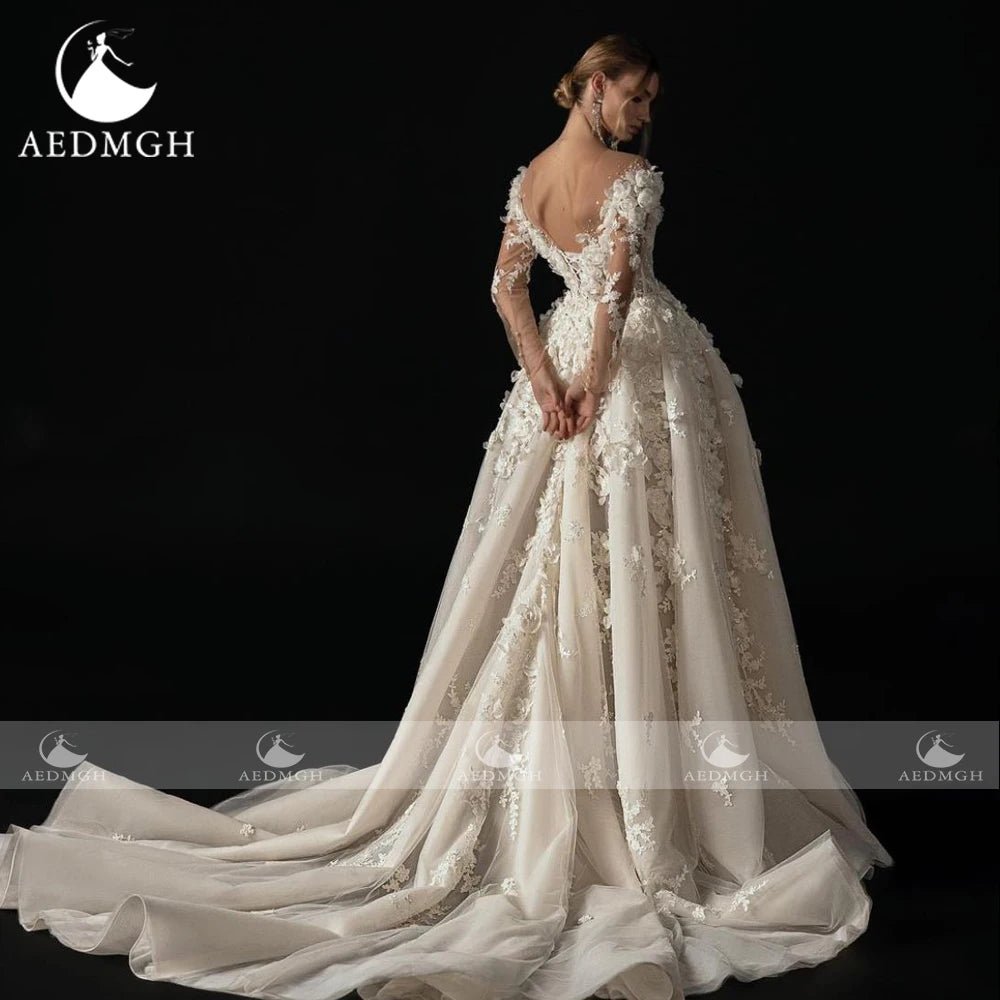 Boat Neck Lace A-Line Wedding Dress