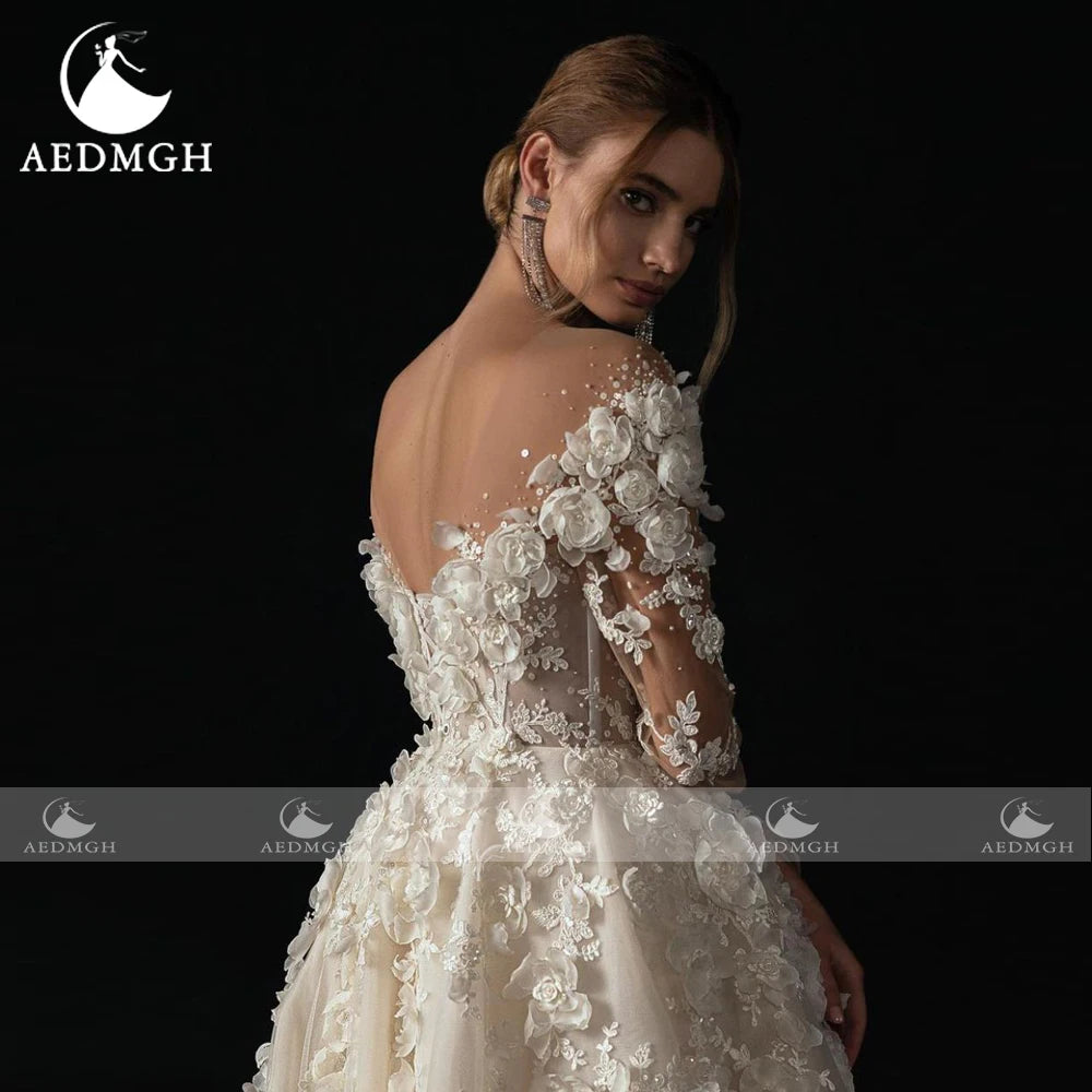Boat Neck Lace A-Line Wedding Dress